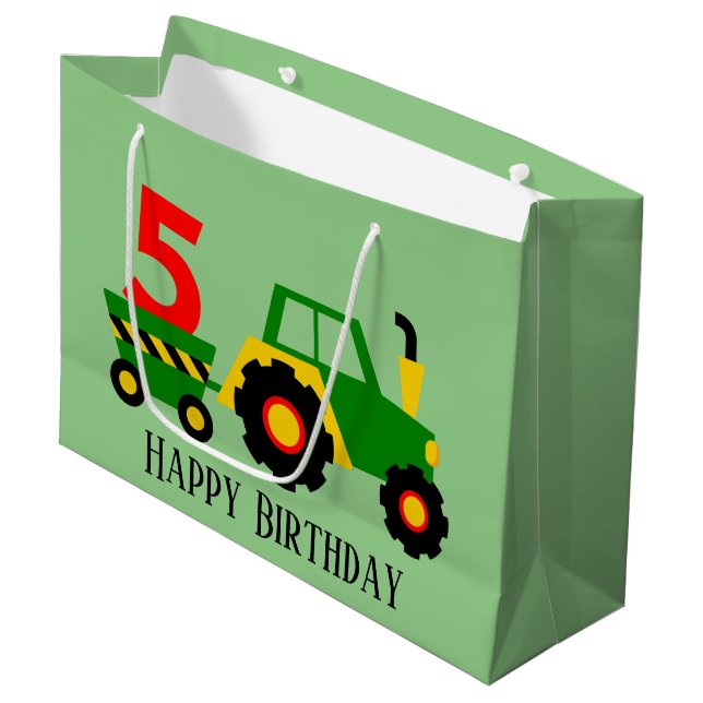 Grand Sac Cadeau cool de 5 ans tracteur fête d'anniversaire (Devant Angle)
