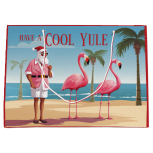 Grand Sac Cadeau Cool Yule Père Noël et Flamants roses Beach Noël