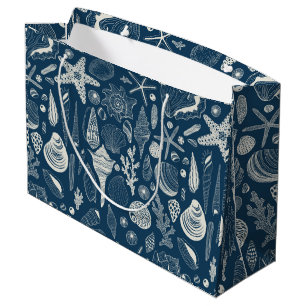 Grand Sac Cadeau Coques de mer sur bleu foncé