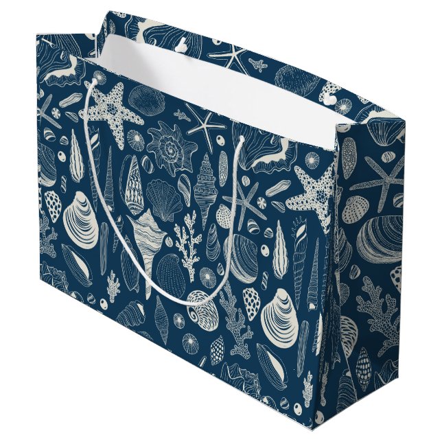 Grand Sac Cadeau Coques de mer sur bleu foncé (Dos Angle)