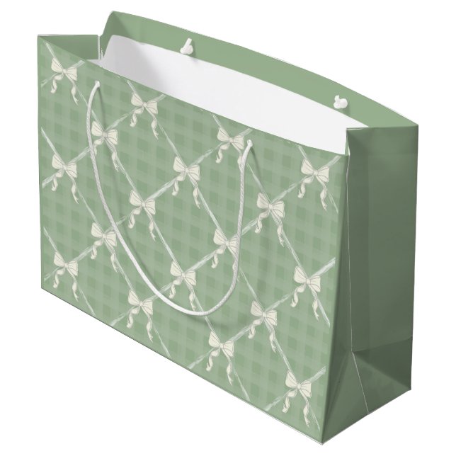 Grand Sac Cadeau Coquette Bows Gingham Pattern Cream Sage Green  (Dos Angle)