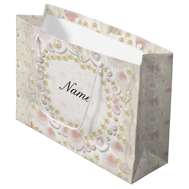 Grand Sac Cadeau Coquillages et perles personnalisés (Devant Angle)