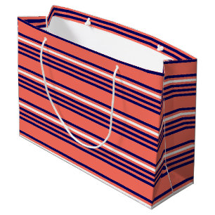 Grand Sac Cadeau Corail, bleu marine et blanc cinq bandes motif