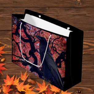 Grand Sac Cadeau Corbeau noir et gris japonais Maple Tree moyen