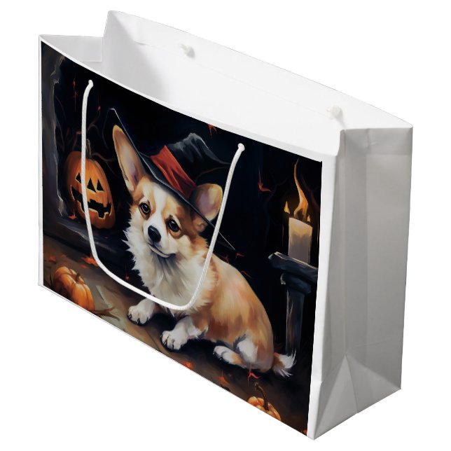 Grand Sac Cadeau Corgi Citrouille Halloween effroi (Devant Angle)