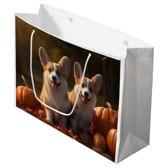 Grand Sac Cadeau Corgi Puppy Automne Citrouille de plaisir (Devant Angle)