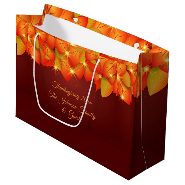 Grand Sac Cadeau Correspondance Thankgiving Orange Leaf Nom Année G (Devant Angle)
