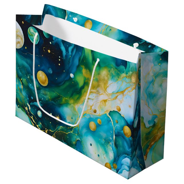 Grand Sac Cadeau Cosmos d'encre d'alcool bleu vert or (Devant Angle)