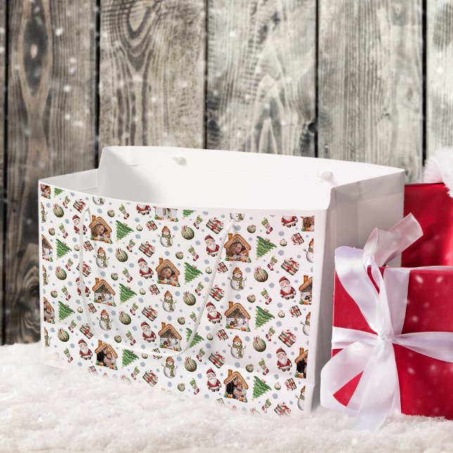 Grand Sac Cadeau Cosy Christmas Gingerbred Photo Motif (Cozy Christmas Gingerbred Photo Photo Pattern Large Gift Bag)
