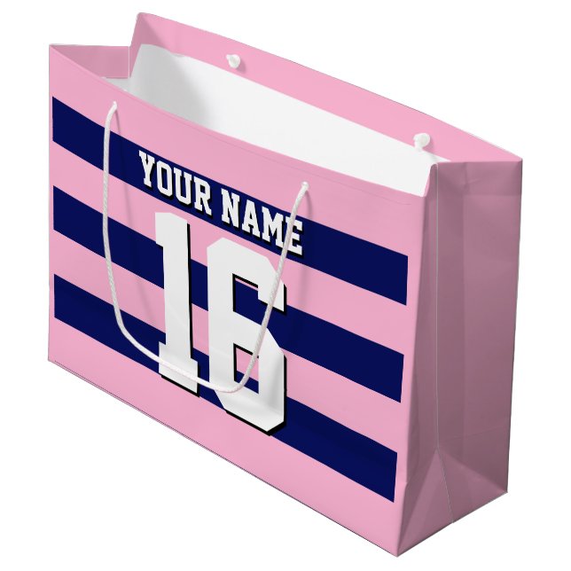 Grand Sac Cadeau Cot Candy Pink Navy Blue Team Jersey Preppy Stripe (Devant Angle)