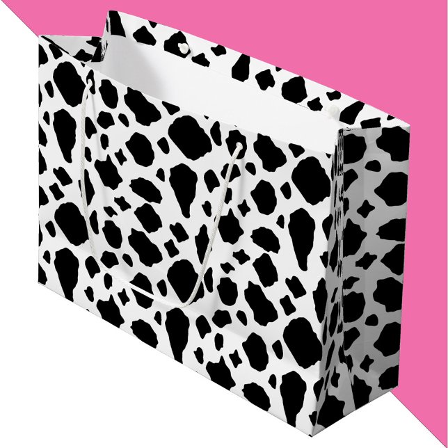 Grand Sac Cadeau Cow Print Black and White (A gift bag with a black and white cow pattern.)