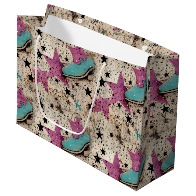 Grand Sac Cadeau Cowgirl Boots Star Studed Retro Motif (Devant Angle)