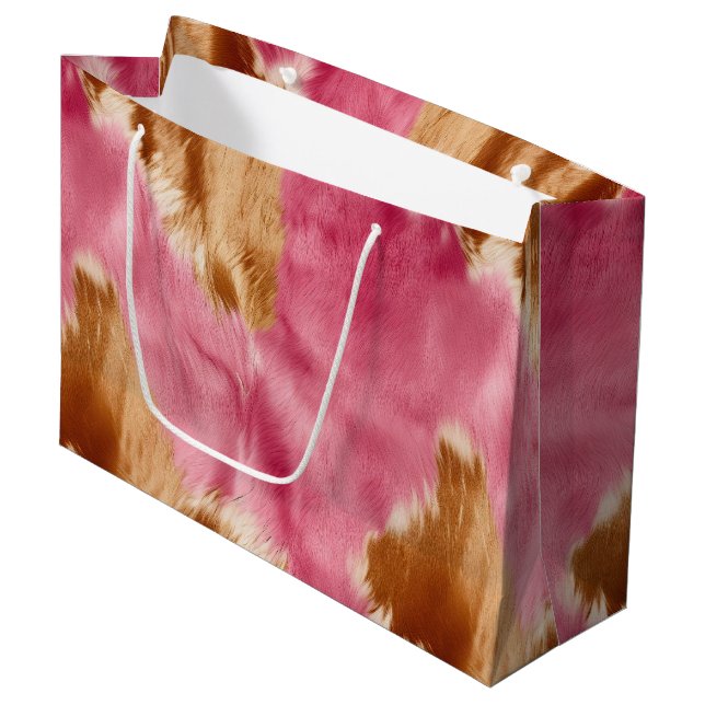 Grand Sac Cadeau Cowgirl Western Pink Brown Cream Cowhide (Devant Angle)