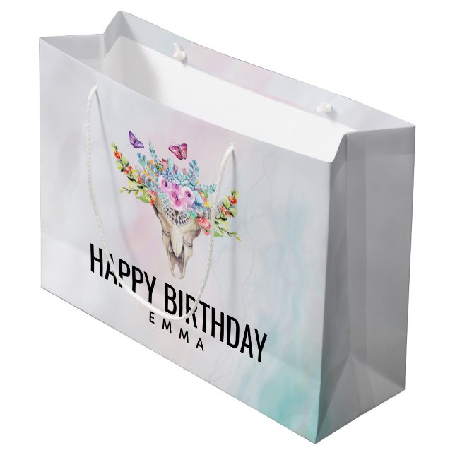Grand Sac Cadeau Crâne Boho avec papillons et fleurs Anniversaire (Devant Angle)