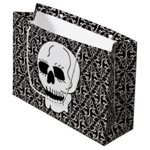 Grand Sac Cadeau Crâne noir blanc Damas rouleaux