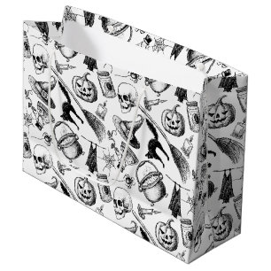 Grand Sac Cadeau Crânes Broomsticks Citrouille Bats Halloween