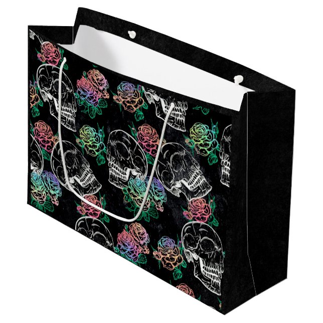 Grand Sac Cadeau Crânes et Roses sombres | Funky Glam Ombre Grunge (Devant Angle)