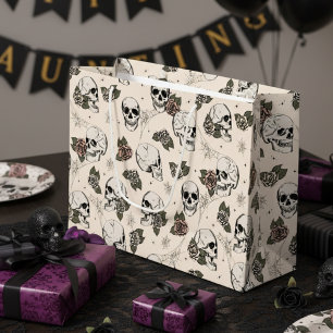 Grand Sac Cadeau Crânes gothiques blancs antiques et Halloween Rose