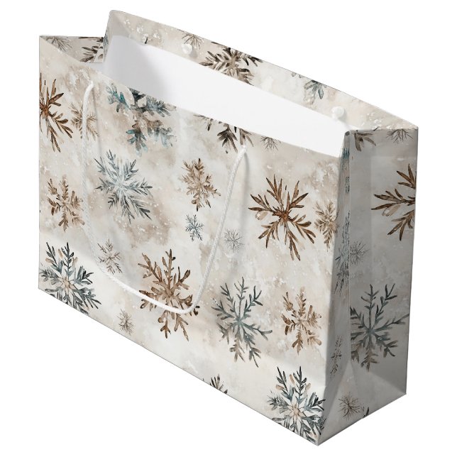 Grand Sac Cadeau Cream Blue Brown Snowflakes Christmas (Devant Angle)