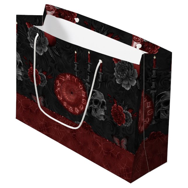 Grand Sac Cadeau Crimson magique Zodiac | Rose de crâne gothique ro (Devant Angle)