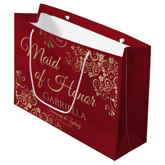 Grand Sac Cadeau Crimson Red & Gold Frilly Maid of Honor Mariage (Devant Angle)