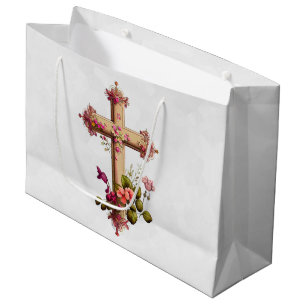 Grand Sac Cadeau Croix en bois élégante aux fleurs roses