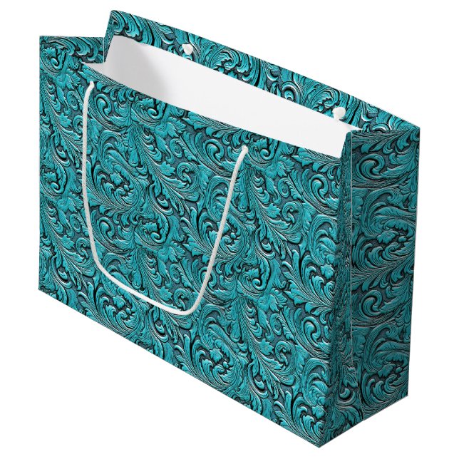 Grand Sac Cadeau Cuir à gaufre floral turquoise occidental (Devant Angle)