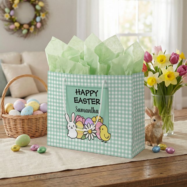 Grand Sac Cadeau Custom Happy Easter Bunny Chick Green Gingham (Créateur téléchargé)