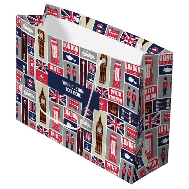 Grand Sac Cadeau Custom Text London UK Icons (Devant Angle)