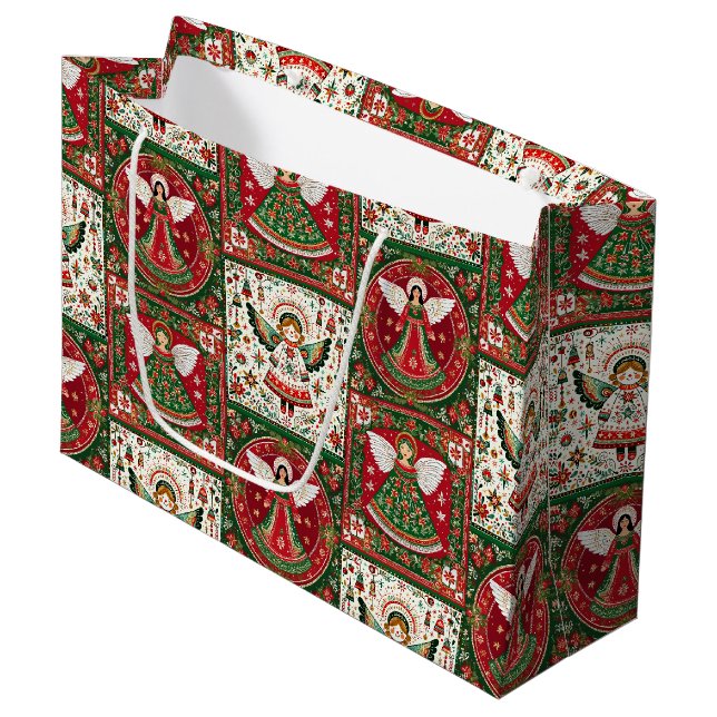 Grand Sac Cadeau Cute Angels in Christmas Red & Green  (Devant Angle)