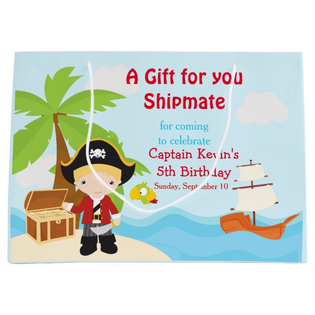 Grand Sac Cadeau Cute Blonde Pirate Boy à la fête d'anniversaire ro (Devant)