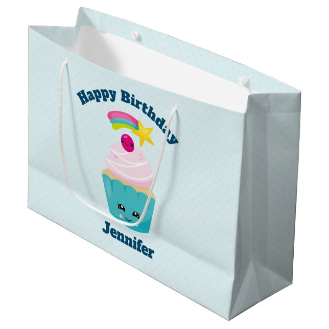 Grand Sac Cadeau Cute Blue Cupcake avec Kawaii Face Anniversaire (Devant Angle)
