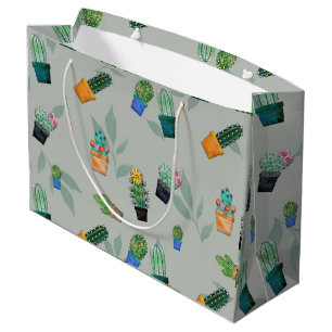 Grand Sac Cadeau Cute Cactus Motif de fleurs vertes