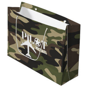 Grand Sac Cadeau Cute Camouflage Pilote typographie, personnalisati