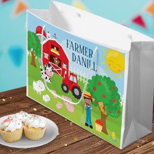 Grand Sac Cadeau Cute Cartoon Barnyard Animaux, Fermier et tracteur
