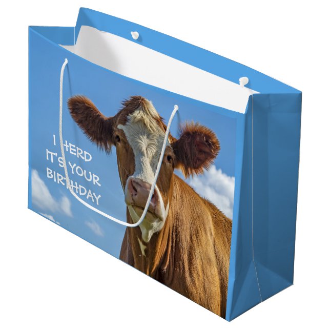 Grand Sac Cadeau Cute Cow I Herd c'est ton anniversaire (Devant Angle)