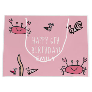 Grand Sac Cadeau Cute Crabe Rose Animaux de mer Fille Joyeux Annive