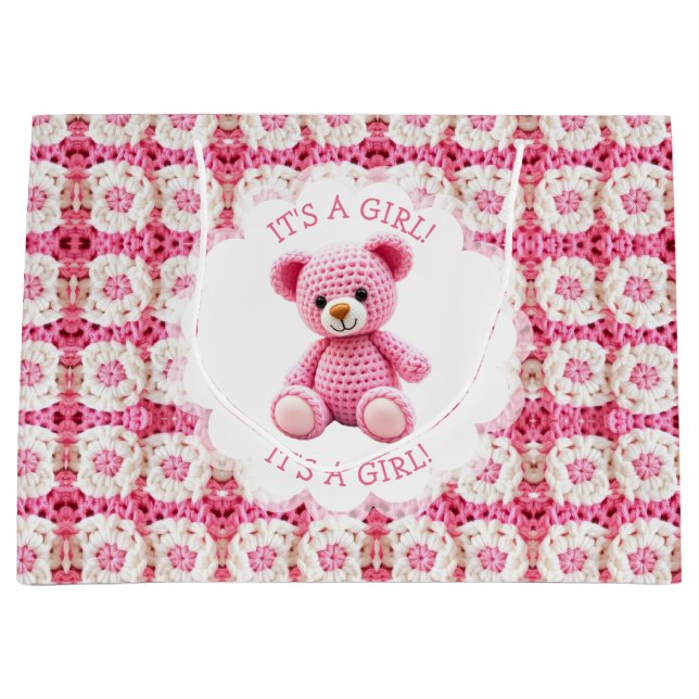 Grand Sac Cadeau Cute Crocheted Teddy Bear Girl's Baby Shower (Devant)