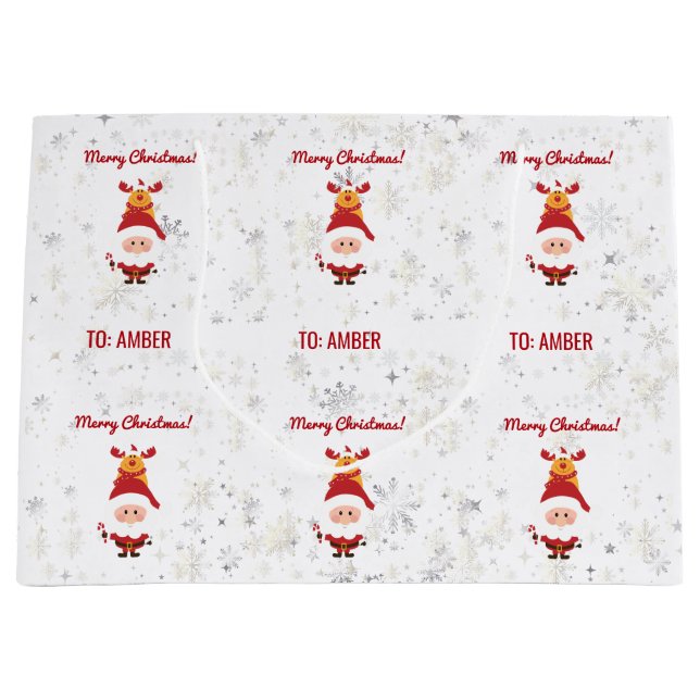 Grand Sac Cadeau Cute Funny Modern Rudolph Santa Personalized Name  (Devant)