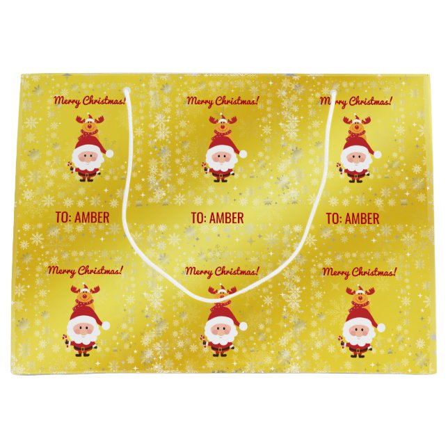 Grand Sac Cadeau Cute Funny Modern Rudolph Santa Personalized Name  (Devant)