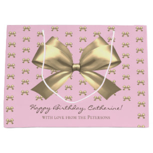 Grand Sac Cadeau Cute Girl Gold Satin Bow esthétique Bow sur rose