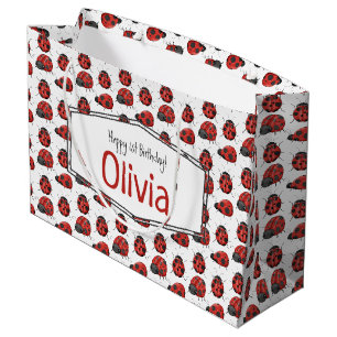 Grand Sac Cadeau Cute Girl Noir Aquarelle Rouge Motif Ladybug