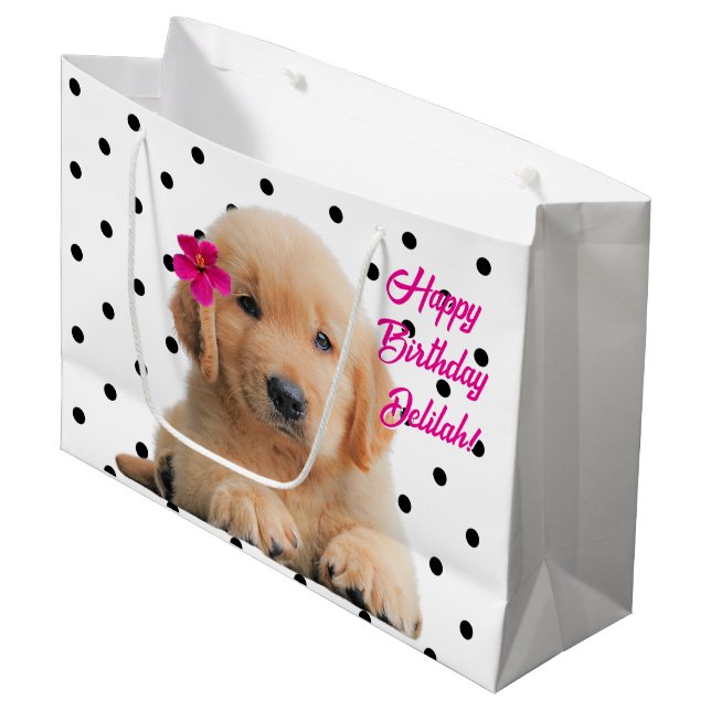 Grand Sac Cadeau Cute Golden Retriever Personnalisé Joyeux annivers (Devant Angle)