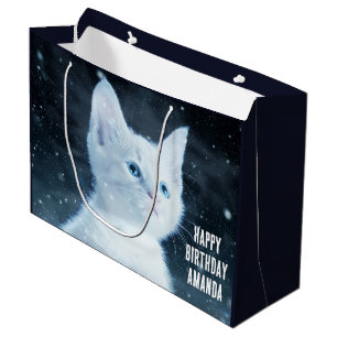 Grand Sac Cadeau Cute Kitten blanc avec Joli yeux bleu Anniversaire
