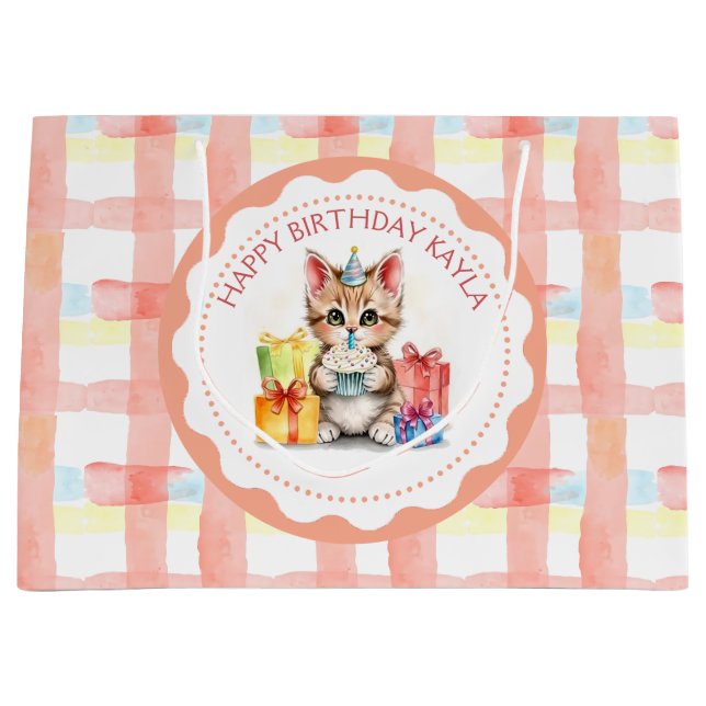 Grand Sac Cadeau Cute Kitten Coral Plaid Personnalisé Anniversaire (Devant)
