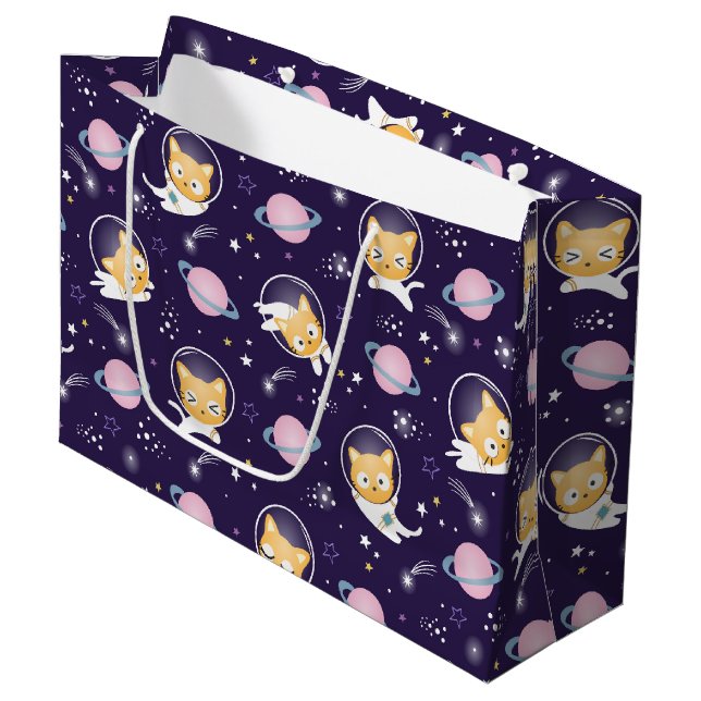 Grand Sac Cadeau Cute Kitty Chat Astronauts Motif (Devant Angle)