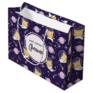 Grand Sac Cadeau Cute Kitty Chat Astronauts Motif