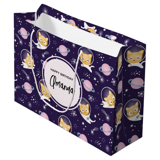 Grand Sac Cadeau Cute Kitty Chat Astronauts Motif (Devant Angle)