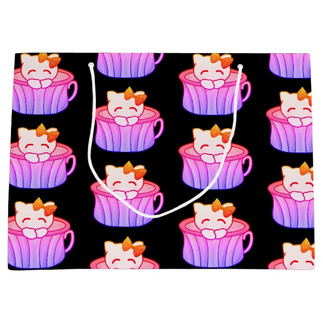 Grand Sac Cadeau Cute Kitty Chat en Rainbow Pink et Purple Pastel (Devant)