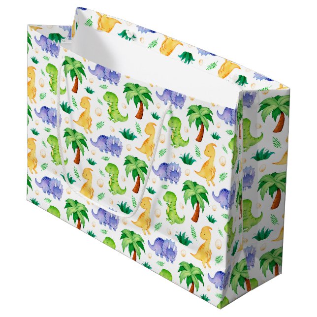 Grand Sac Cadeau Cute Neon Aquarelle Dinosaur Motif (Devant Angle)